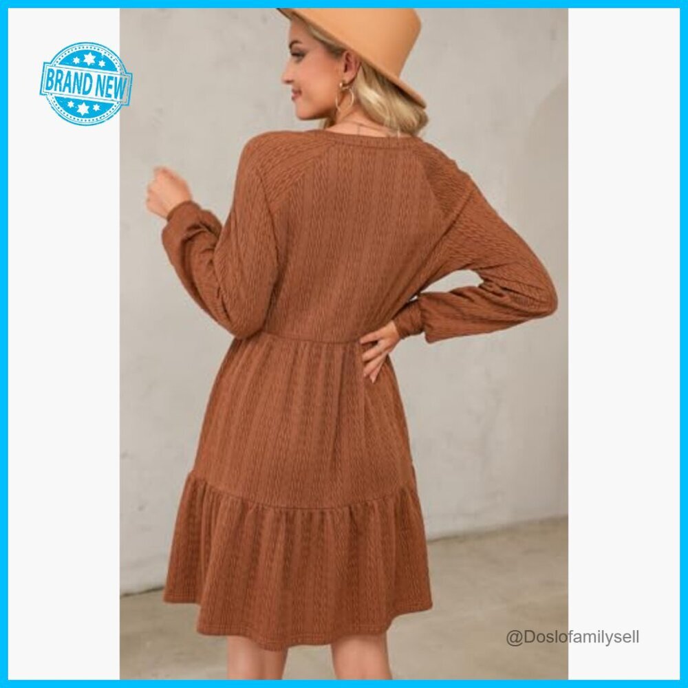 Long Sleeve V Neck Tiered Ruffle A-Line Mini Babydoll Dress Casual Chic - Picture 3 of 7